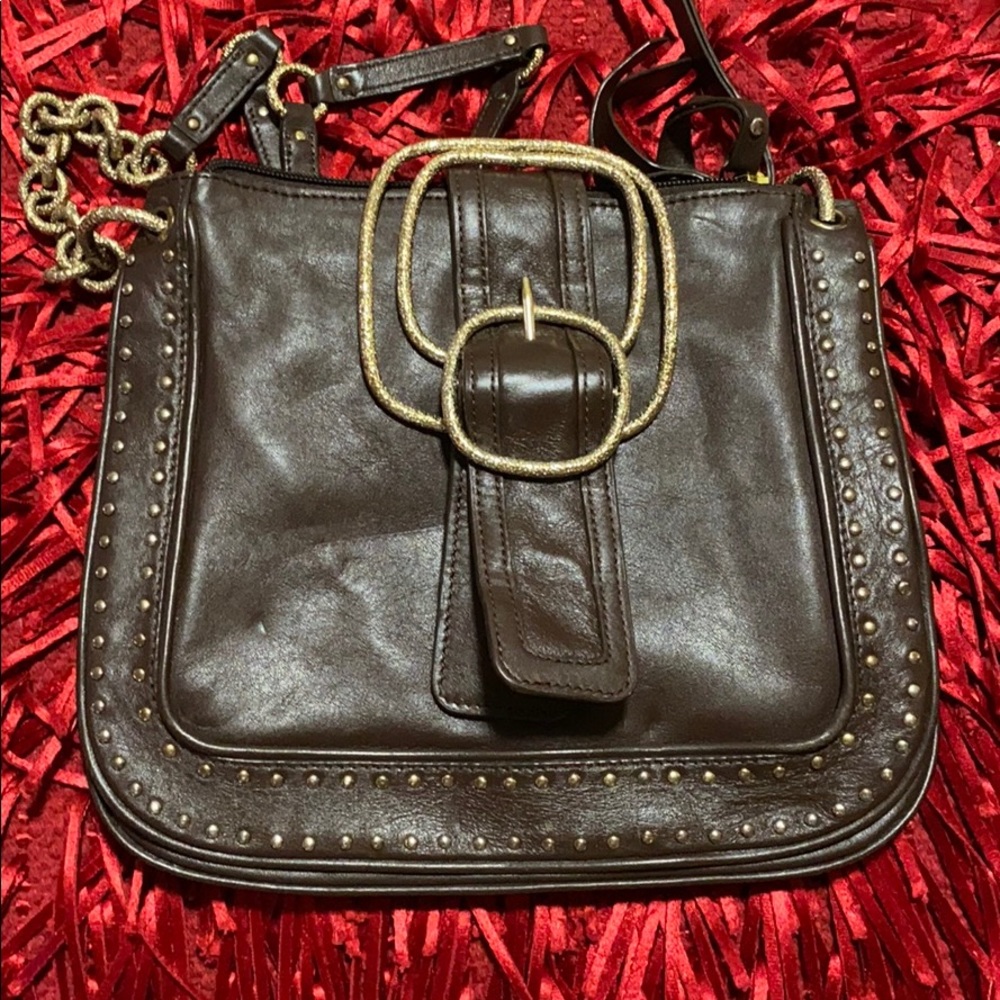 Sabella brown leather bag with gold metal details
